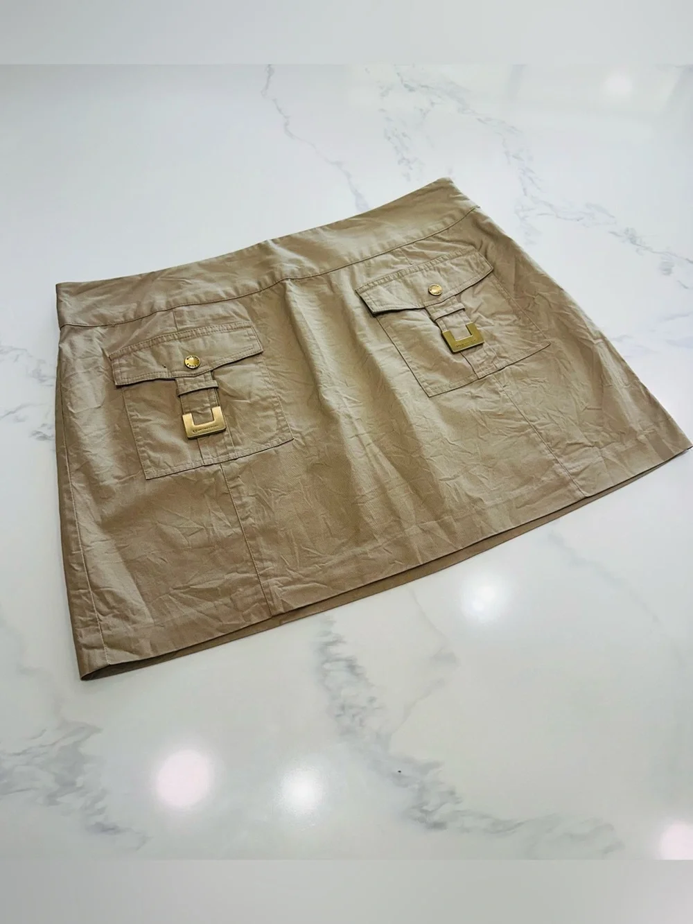 MICHAEL KORS 14~KHAKI UTILITY CARGO MINI SKIRT~FRONT FLAP POCKETS GOLD DETAILS